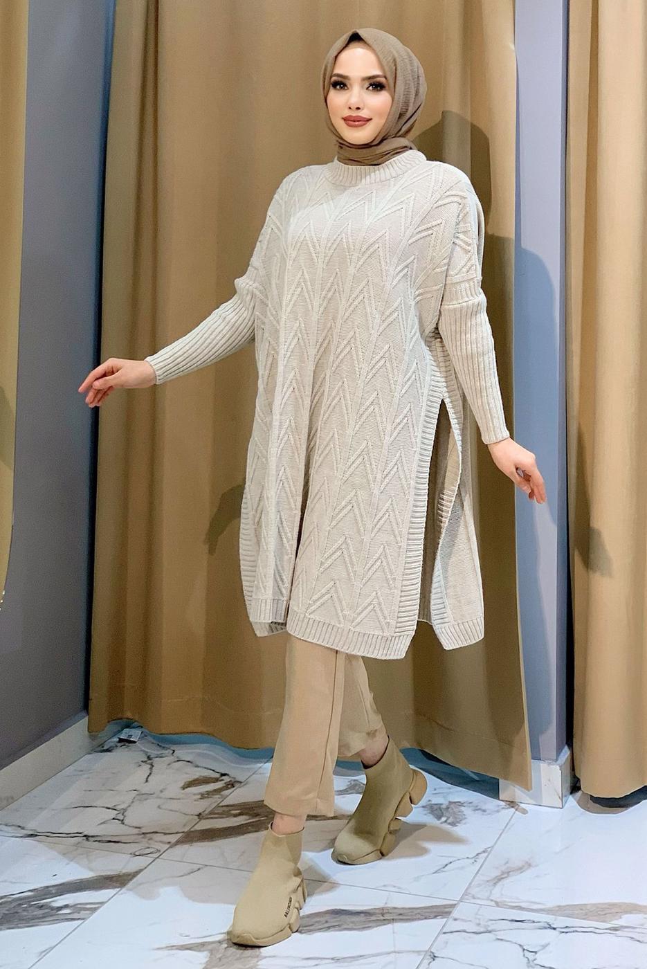 Tesettür giyim BEJ KENDİNDEN DESENLİ TRİKO PANÇO 83112	