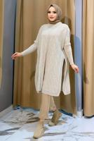 Tesettür giyim BEJ KENDİNDEN DESENLİ TRİKO PANÇO 83112	