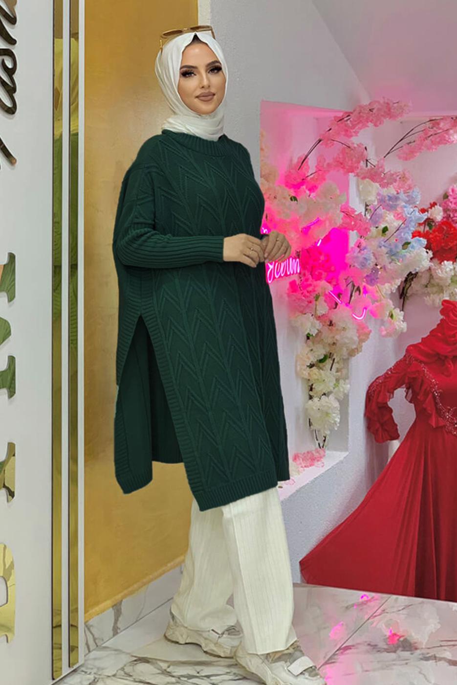 Tesettür giyim YEŞİL KENDİNDEN DESENLİ TRİKO PANÇO 83112	