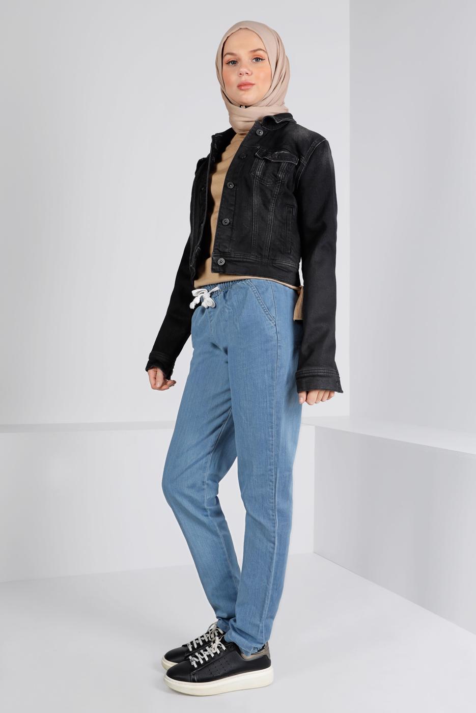 Tesettür giyim MAVİ BELİ LASTİKLİ DENİM PANTOLON 0315 