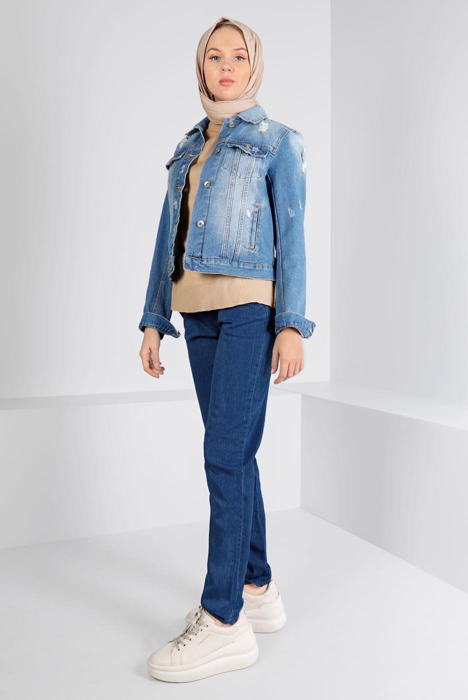 Tesettür giyim LACİVERT BELİ LASTİKLİ DENİM PANTOLON 0315 