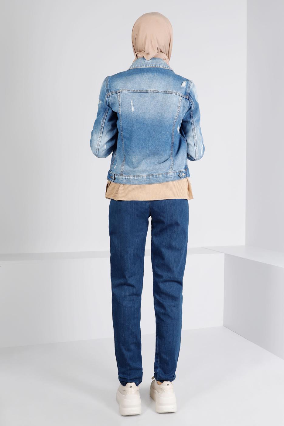 Tesettür giyim LACİVERT BELİ LASTİKLİ DENİM PANTOLON 0315 