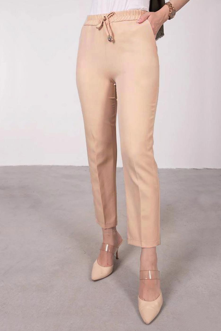 Tesettür giyim BEJ BELİ LASTİKLİ DÜZ KESİM PANTOLON T 10001