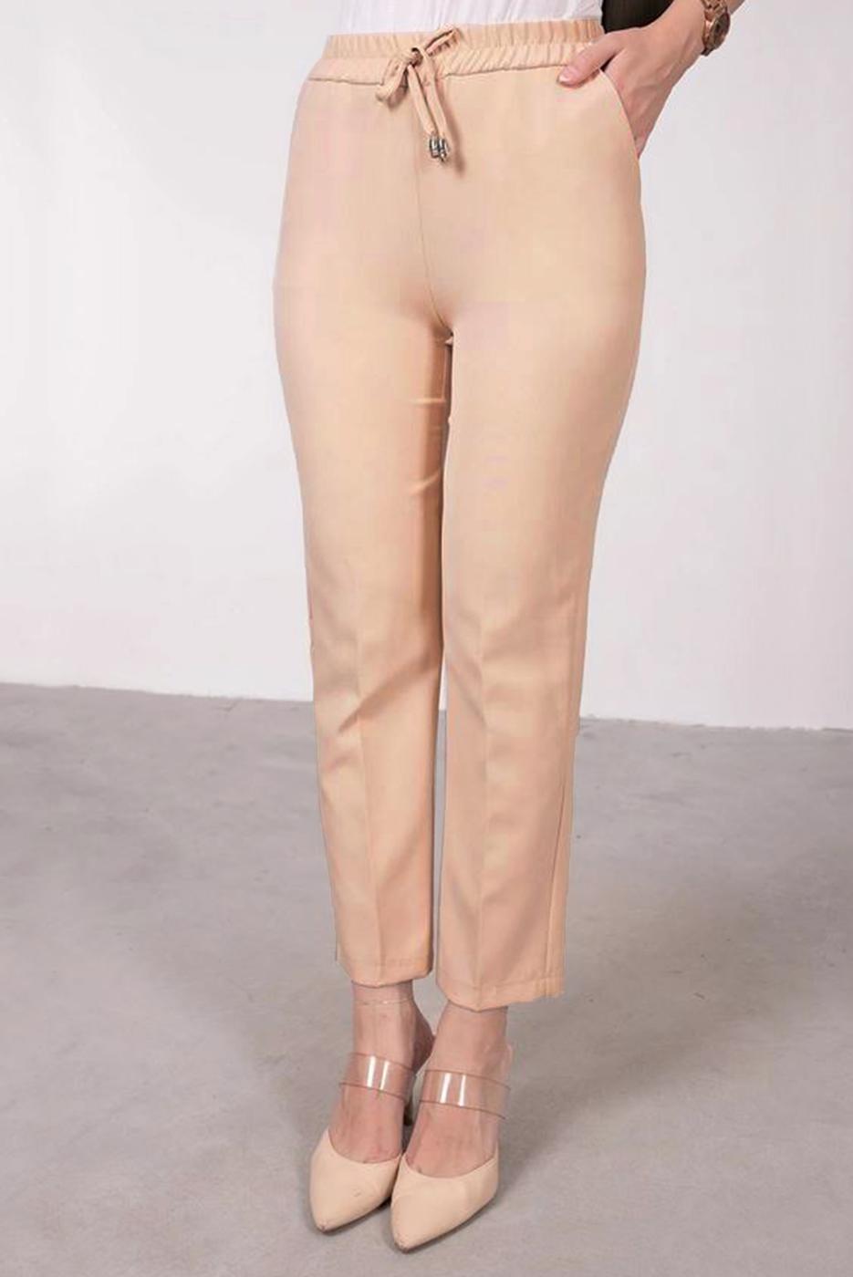 Tesettür giyim BEJ BELİ LASTİKLİ DÜZ KESİM PANTOLON T 10001