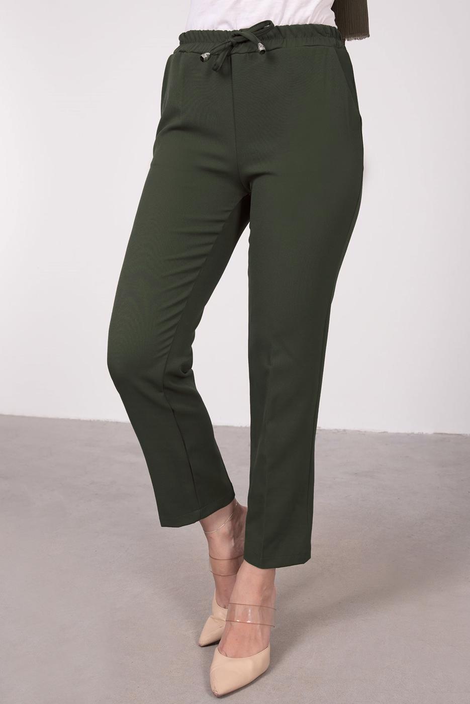 Tesettür giyim HAKİ BELİ LASTİKLİ DÜZ KESİM PANTOLON T 10001