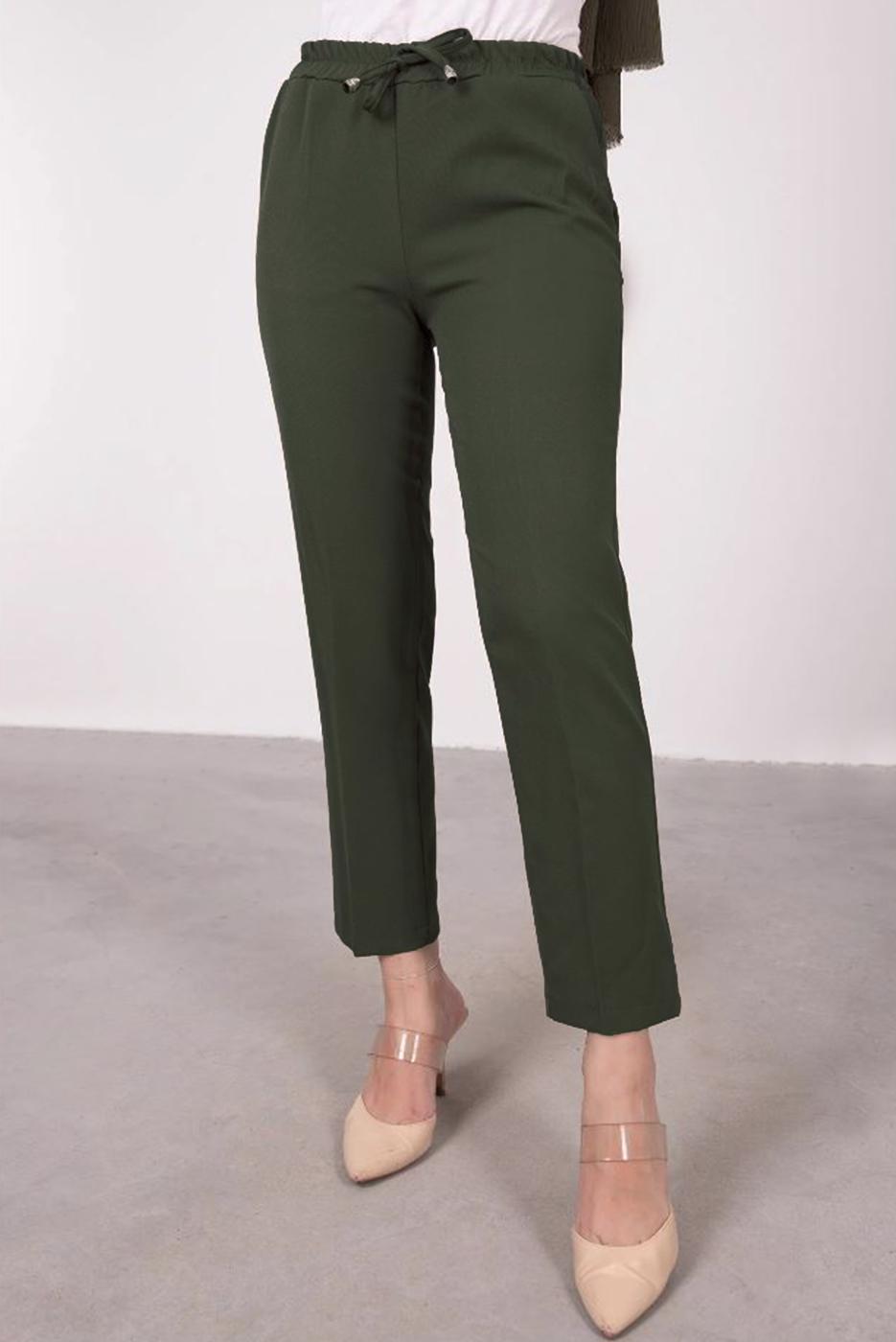 Tesettür giyim HAKİ BELİ LASTİKLİ DÜZ KESİM PANTOLON T 10001