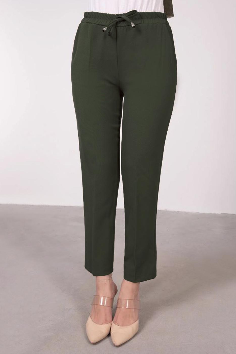 Tesettür giyim HAKİ BELİ LASTİKLİ DÜZ KESİM PANTOLON T 10001
