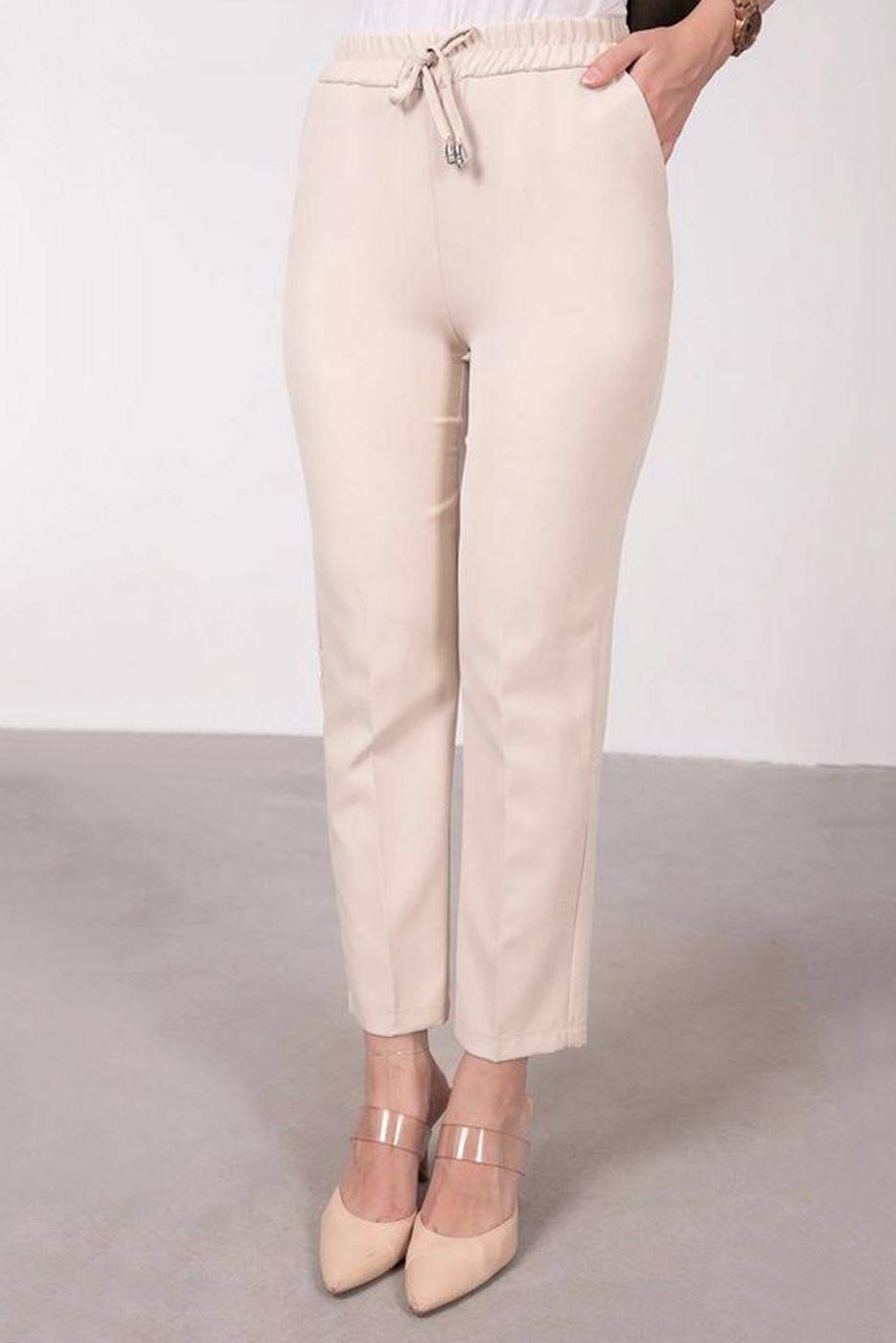 Tesettür giyim BEJ BELİ LASTİKLİ DÜZ KESİM PANTOLON T 10001
