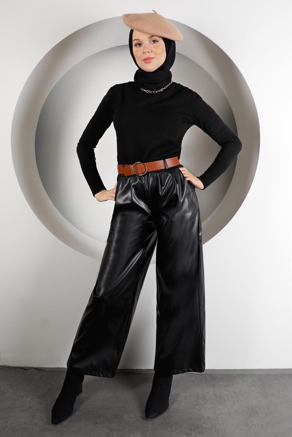 Tesettür giyim SİYAH KEMERLİ DERİ PANTOLON 6320 