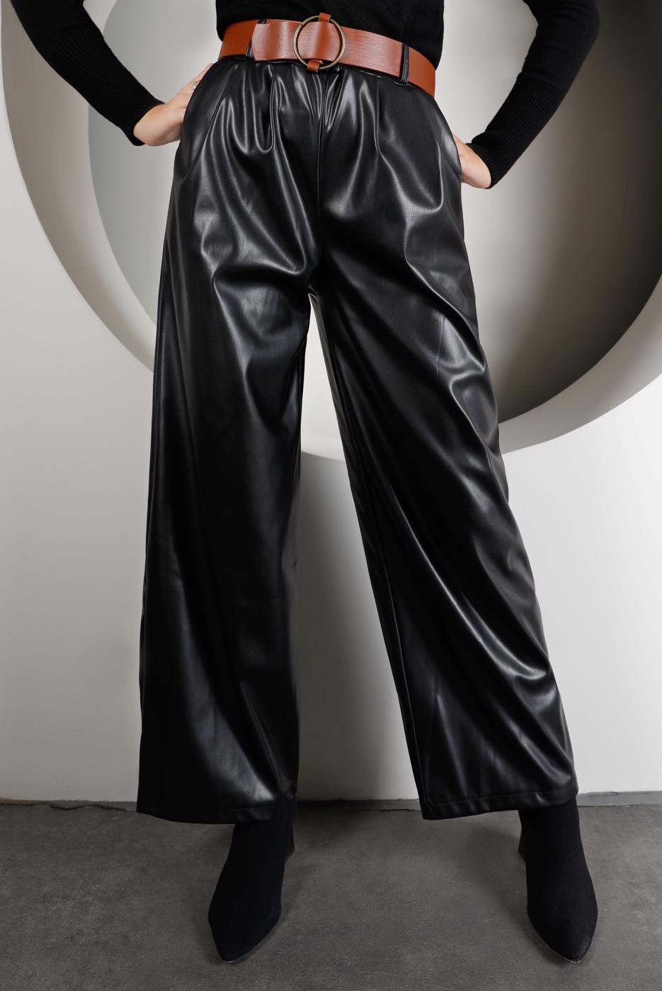 Tesettür giyim SİYAH KEMERLİ DERİ PANTOLON 6320 