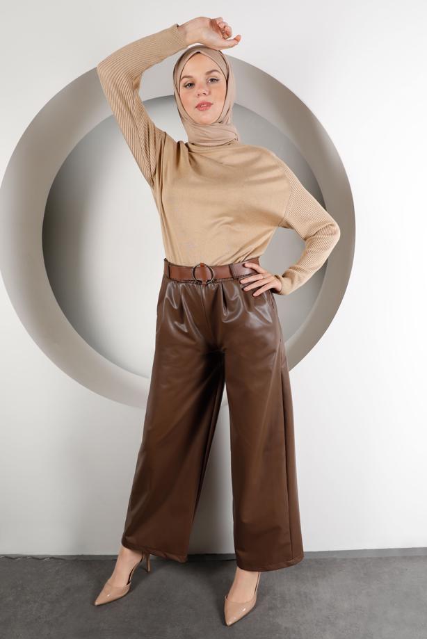 Vêtements hijab TABA PANTALON EN SIMILI CUIR AVEC CEINTURE 6320 - TRENDTESETTÜR