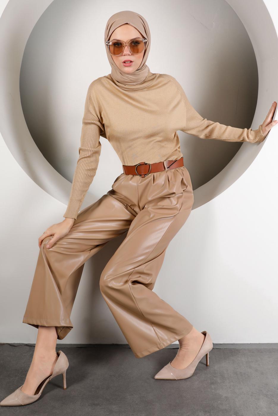 Tesettür giyim VİZON KEMERLİ DERİ PANTOLON 6320 