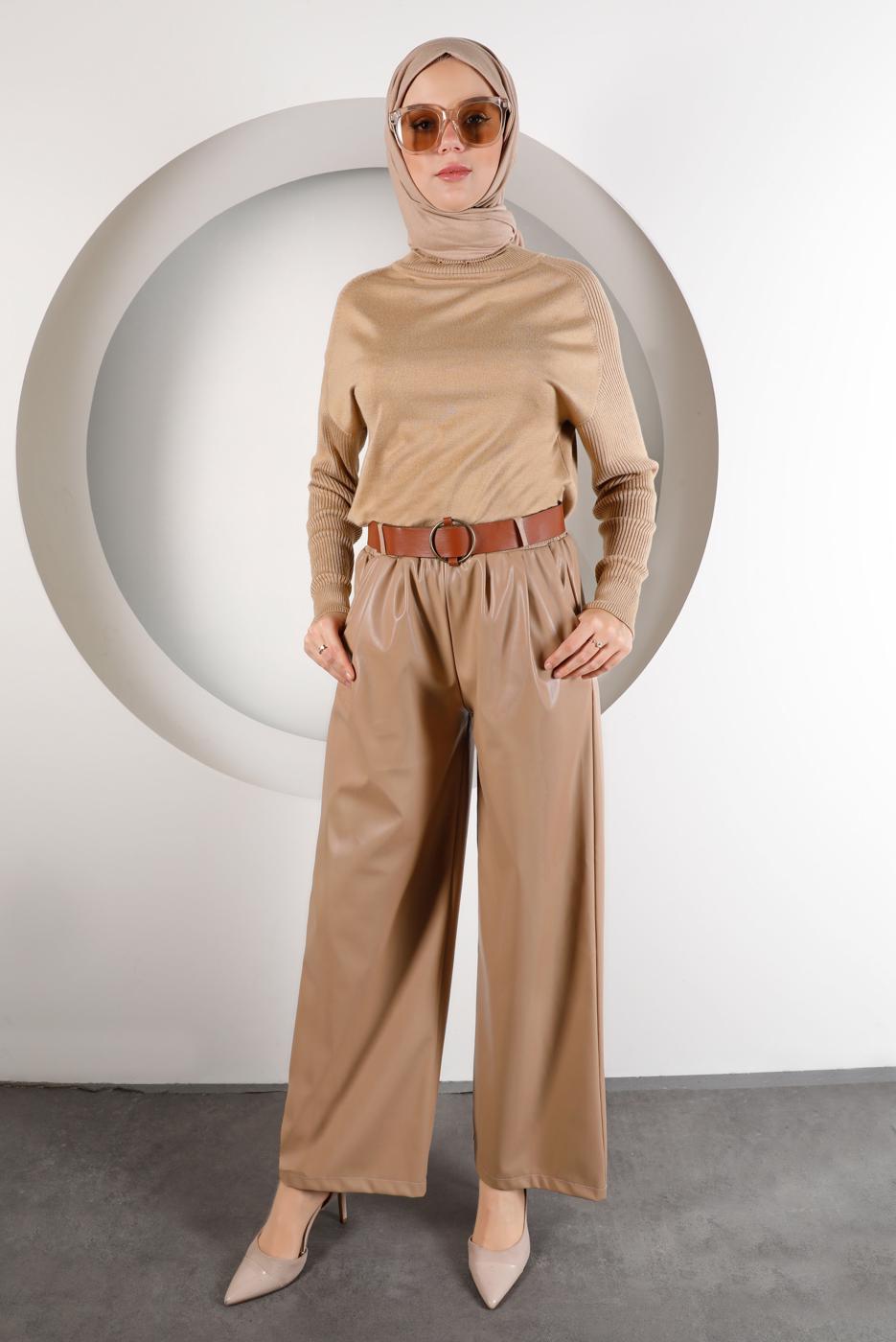 Tesettür giyim VİZON KEMERLİ DERİ PANTOLON 6320 