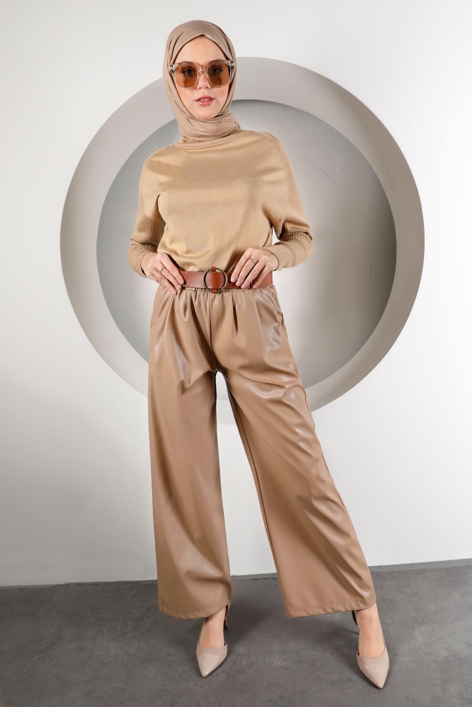 Tesettür giyim VİZON KEMERLİ DERİ PANTOLON 6320 