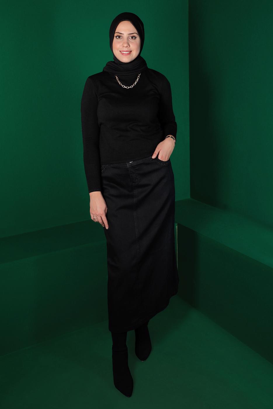 Tesettür giyim SİYAH DÜĞMELİ DENİM ETEK 6502 