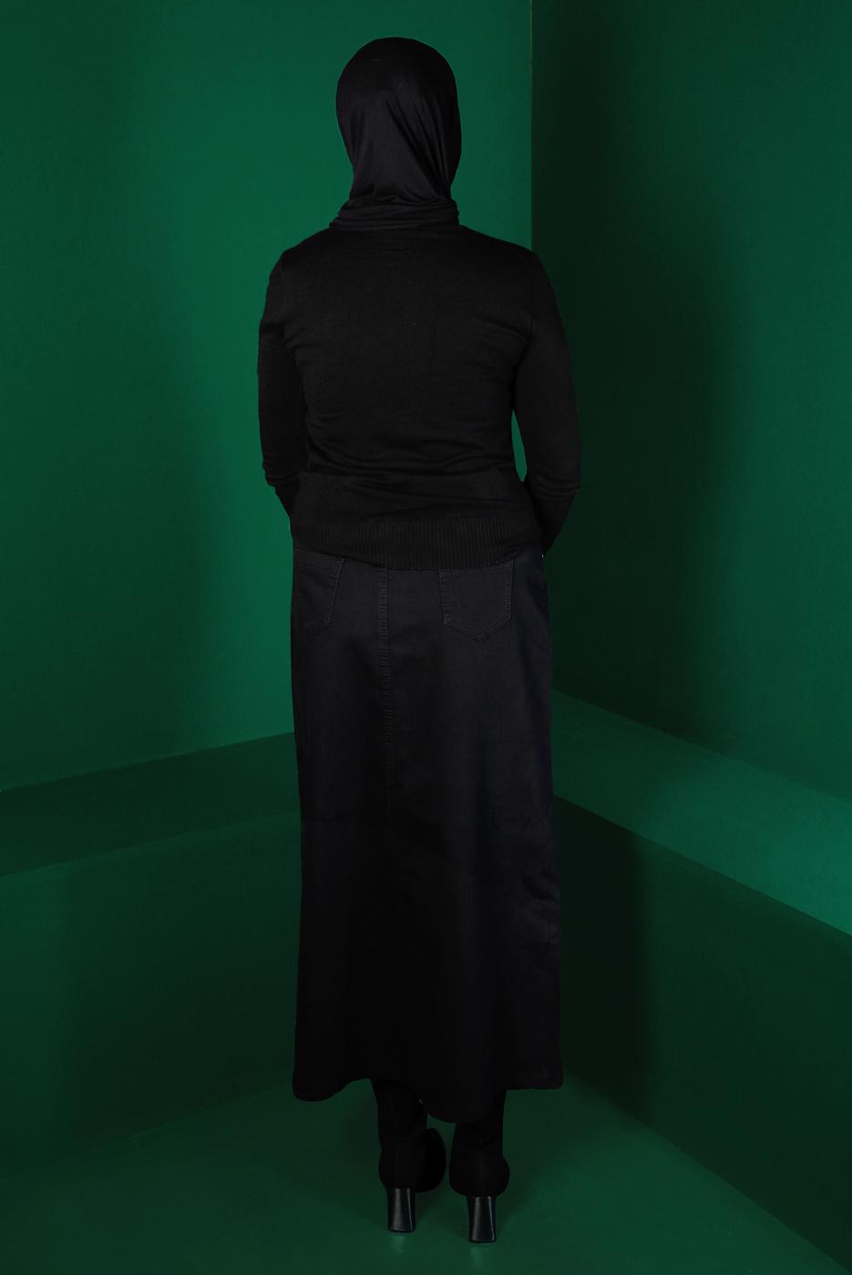 Tesettür giyim SİYAH DÜĞMELİ DENİM ETEK 6502 