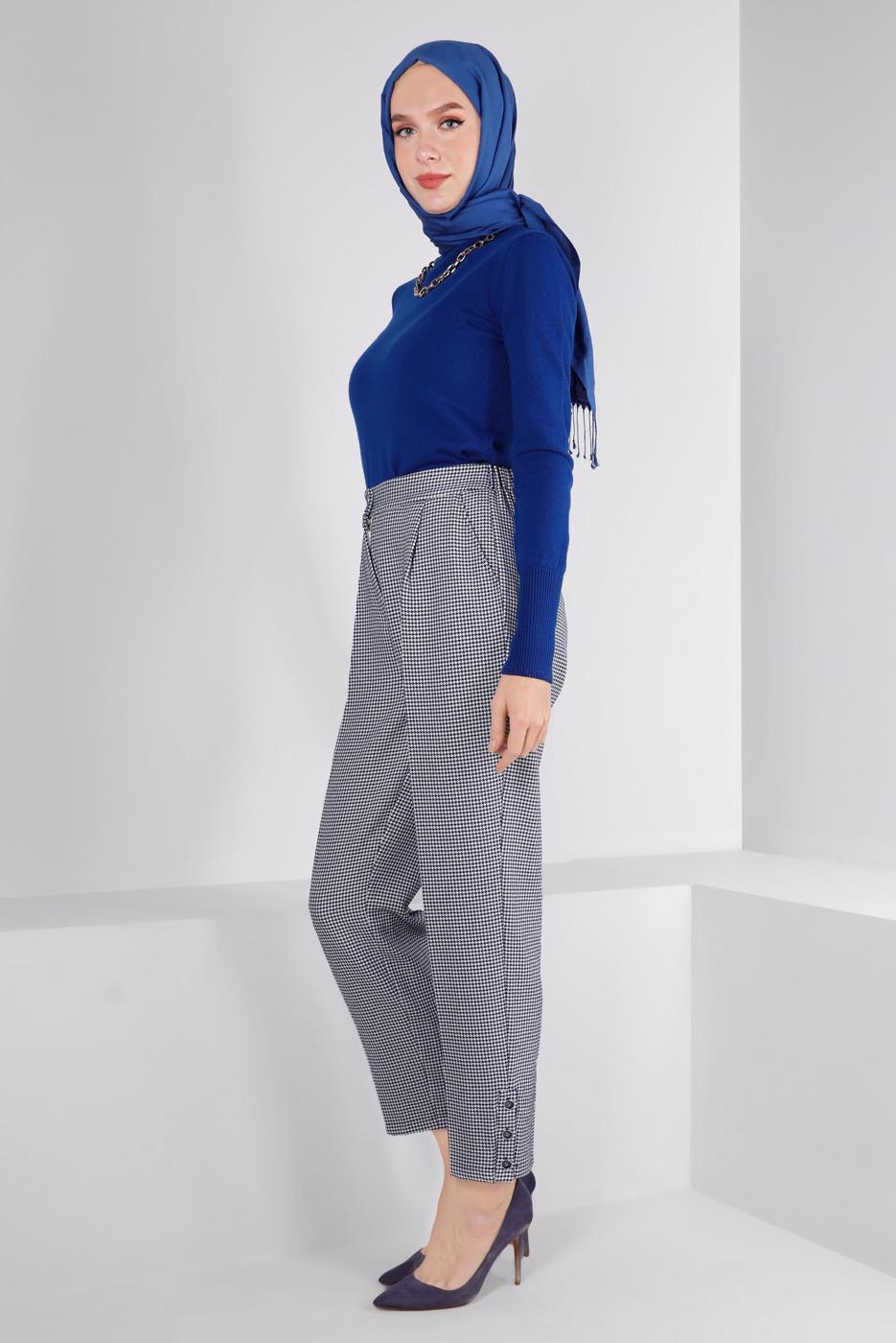 Tesettür giyim LACİVERT ALVİNA KAZAYAĞI DESENLİ PANTOLON T 70437