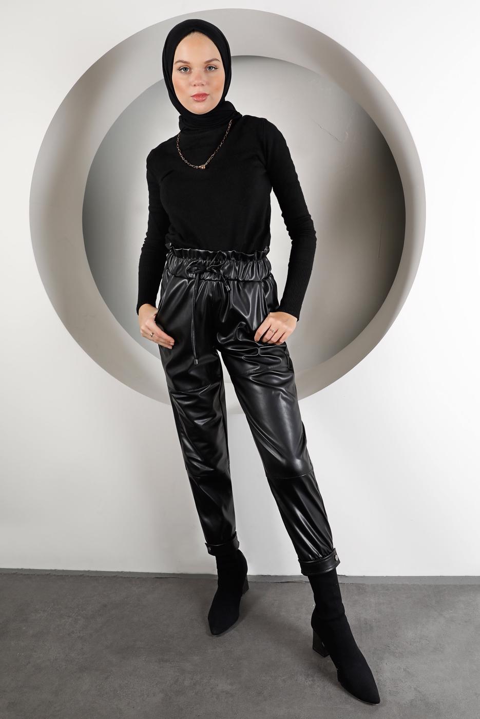 Tesettür giyim SİYAH BELİ VE PAÇASI LASTİKLİ DERİ PANTOLON 8320 