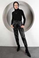 Tesettür giyim SİYAH BELİ VE PAÇASI LASTİKLİ DERİ PANTOLON 8320 