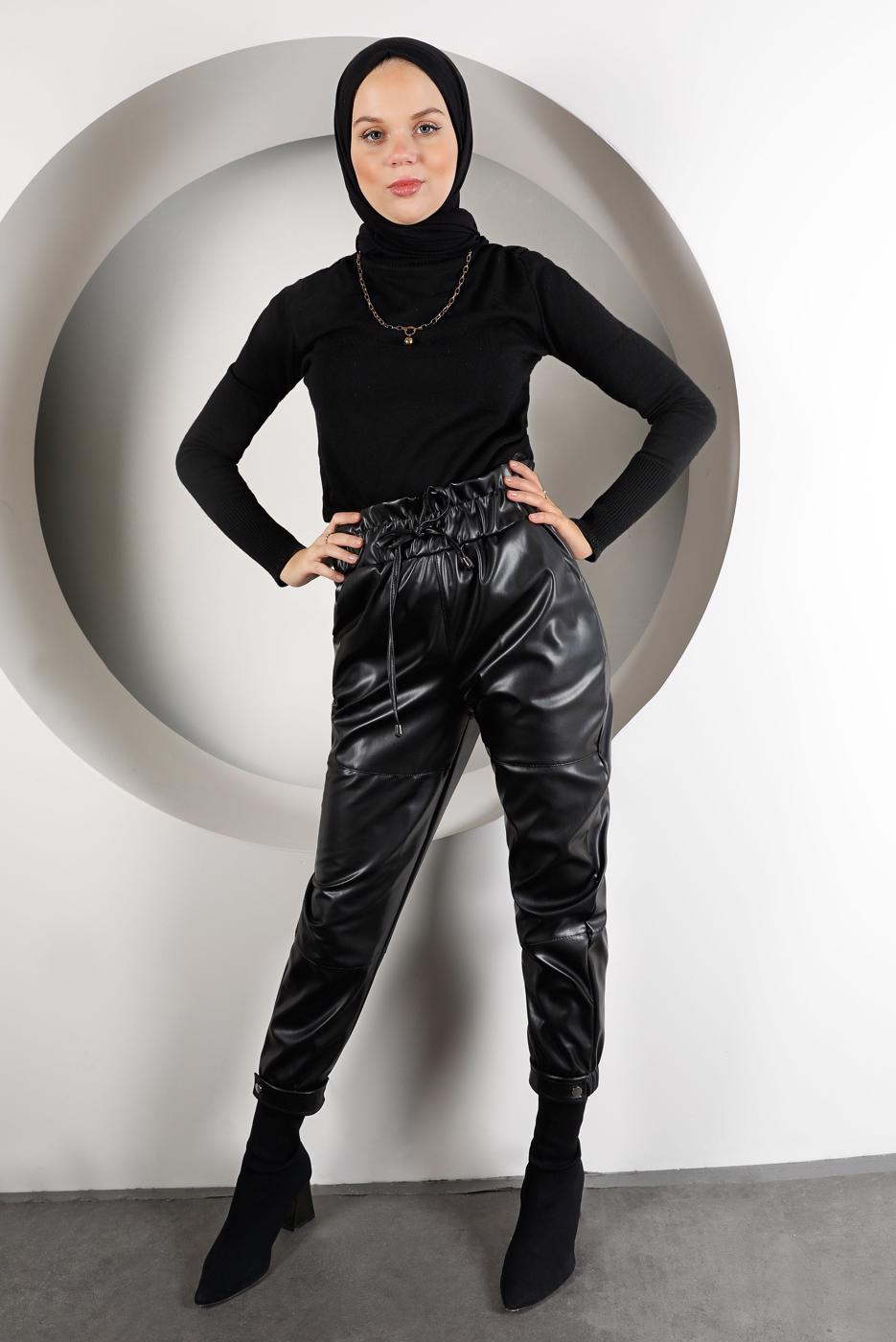 Tesettür giyim SİYAH BELİ VE PAÇASI LASTİKLİ DERİ PANTOLON 8320 