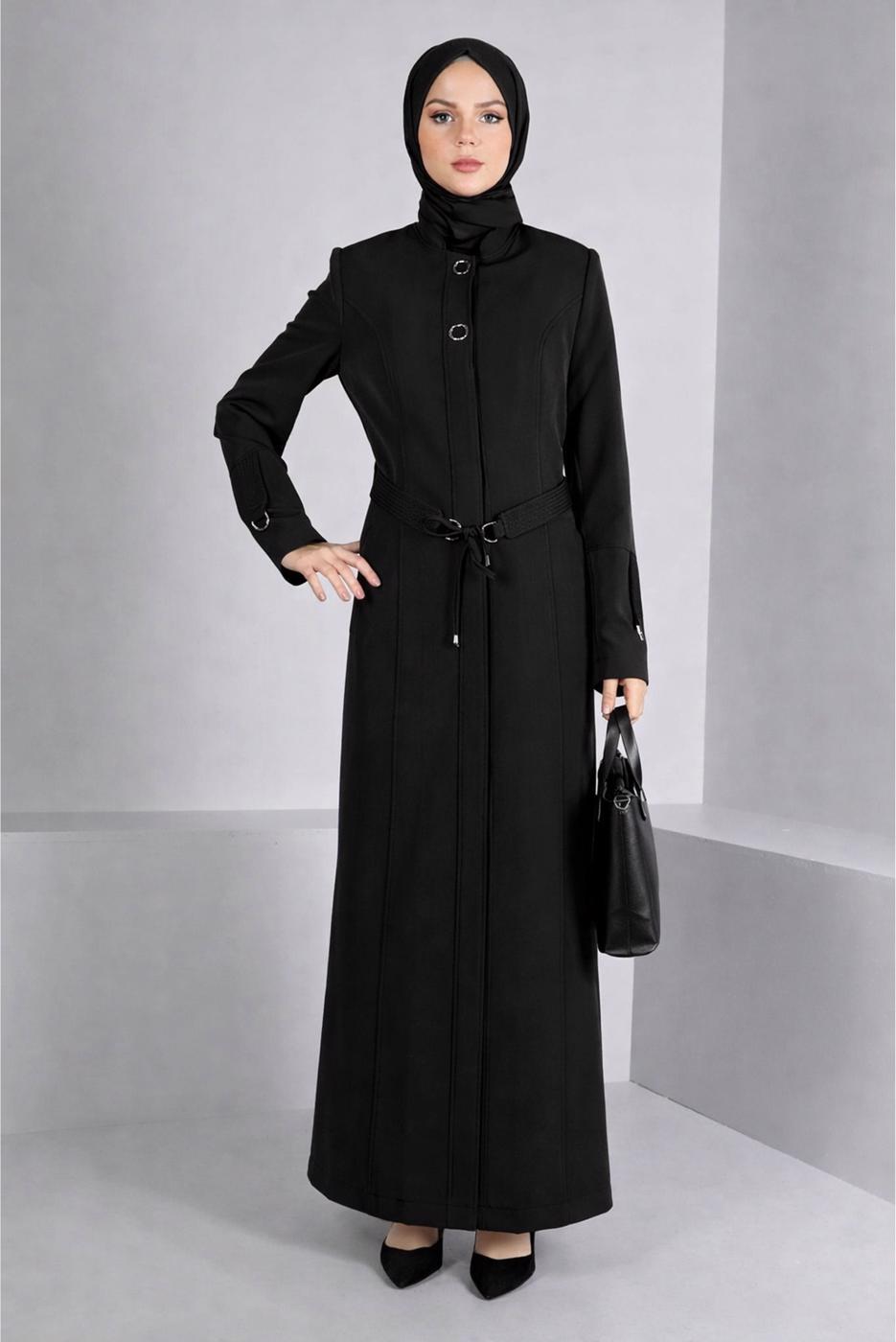 Tesettür giyim SİYAH ALVİNA KUŞAKLI PARDESÜ T 10654
