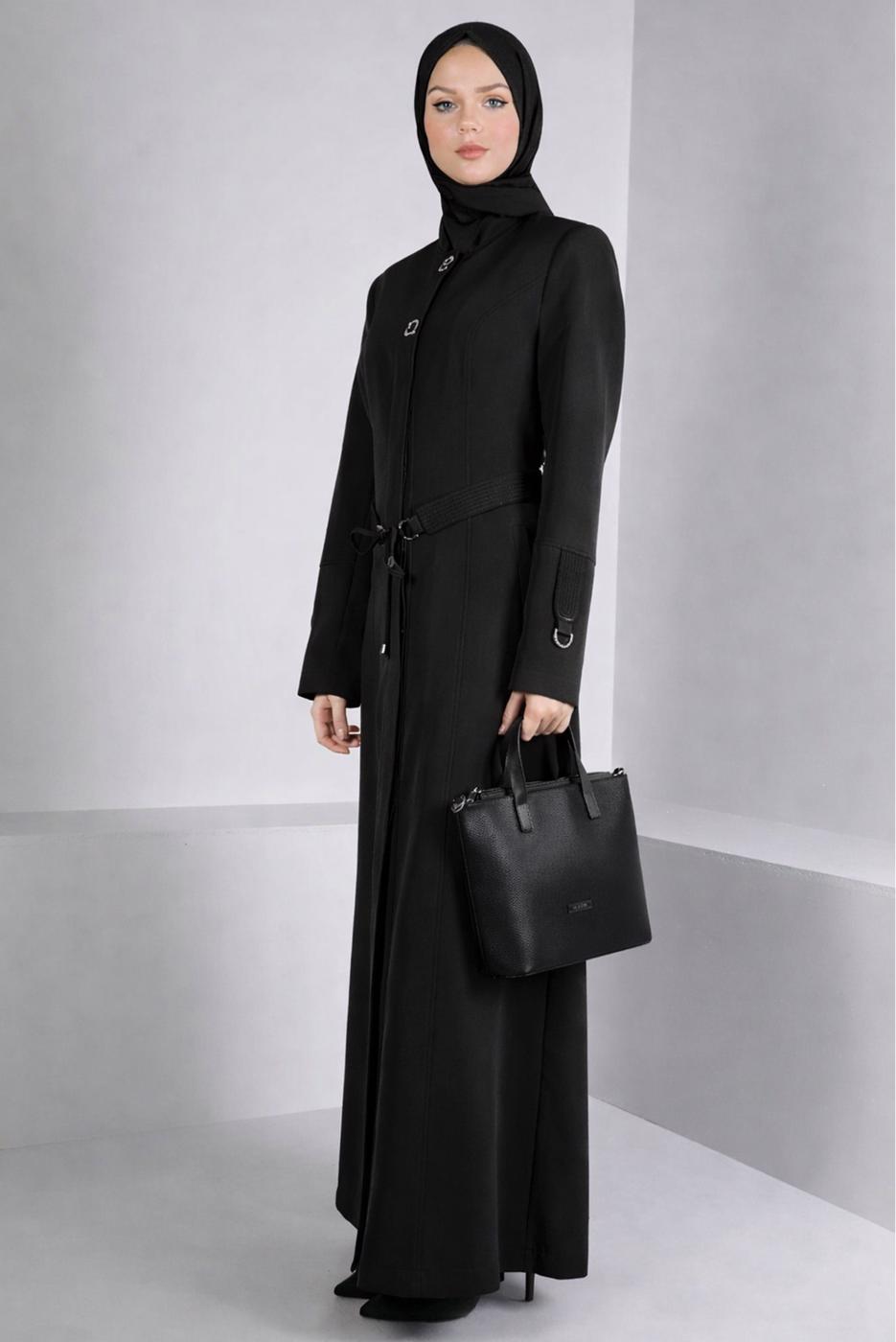 Tesettür giyim SİYAH ALVİNA KUŞAKLI PARDESÜ T 10654