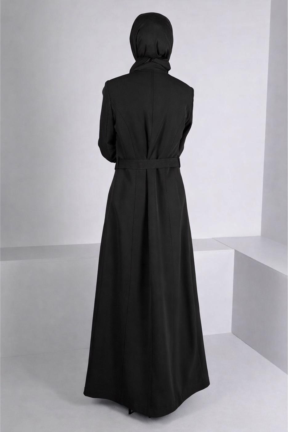 Tesettür giyim SİYAH ALVİNA KUŞAKLI PARDESÜ T 10654