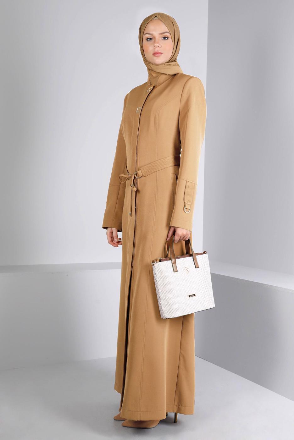 Tesettür giyim KAHVE ALVİNA KUŞAKLI PARDESÜ T 10654