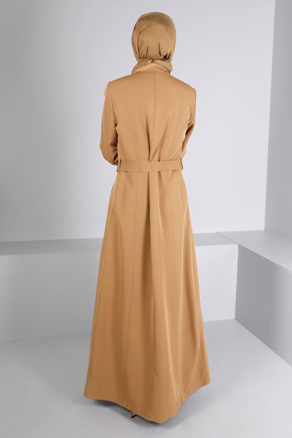 Tesettür giyim KAHVE ALVİNA KUŞAKLI PARDESÜ T 10654