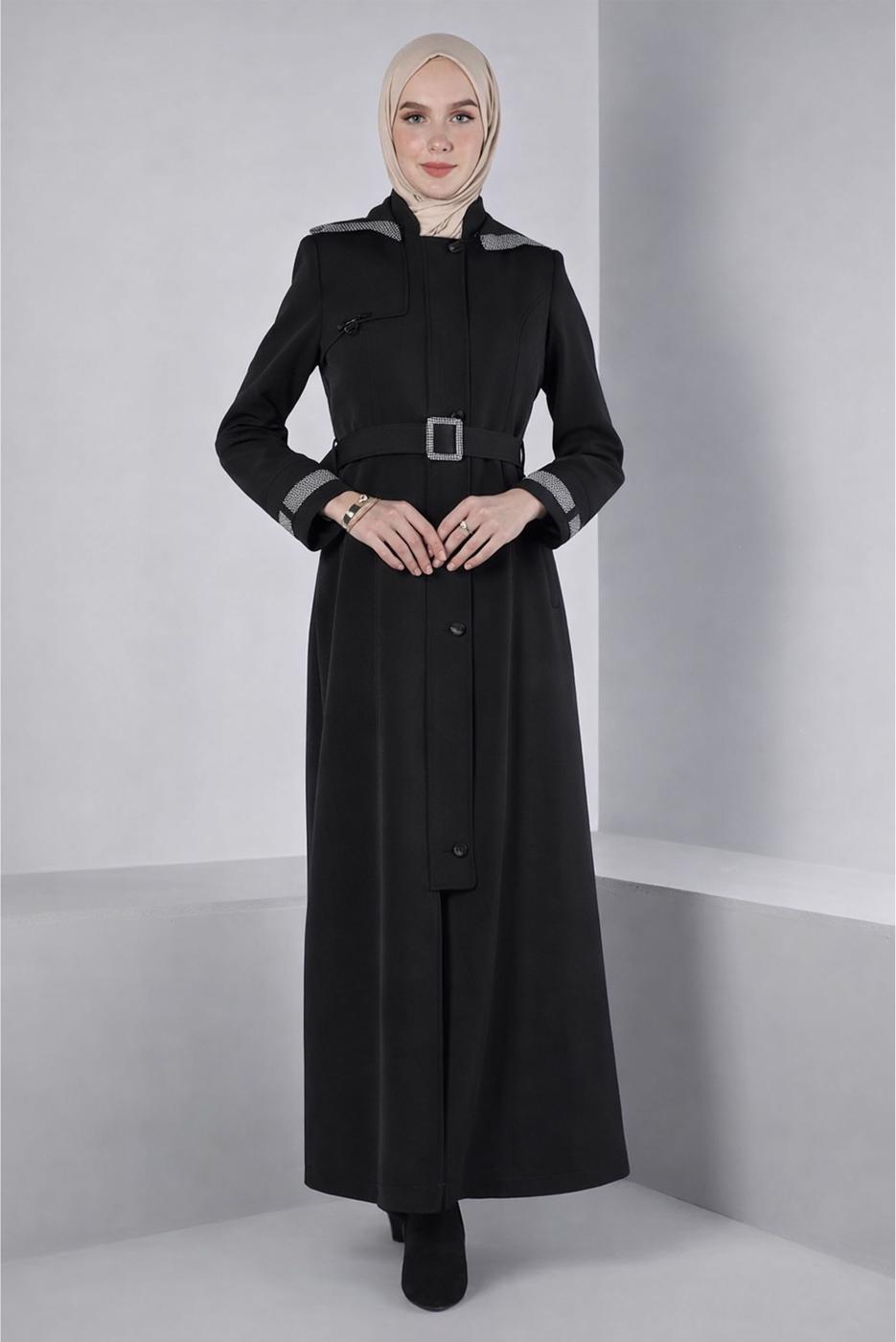 Tesettür giyim SİYAH ALVİNA KEMERLİ PARDESÜ T 10673