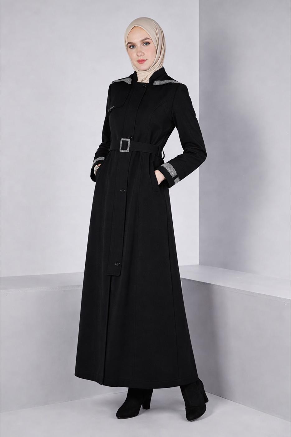 Tesettür giyim SİYAH ALVİNA KEMERLİ PARDESÜ T 10673