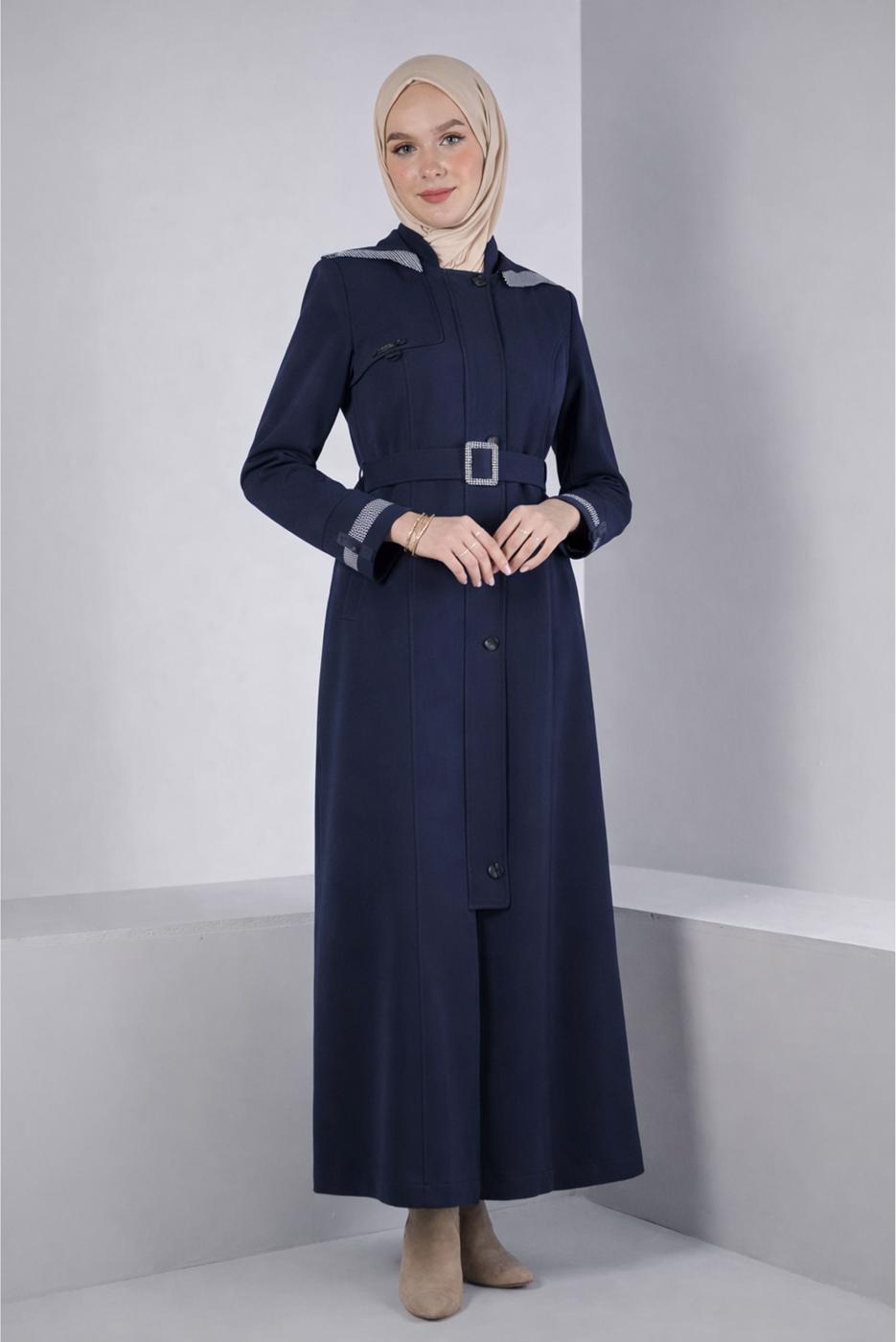 Tesettür giyim LACİVERT ALVİNA KEMERLİ PARDESÜ T 10673