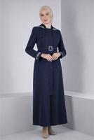 Tesettür giyim LACİVERT ALVİNA KEMERLİ PARDESÜ T 10673