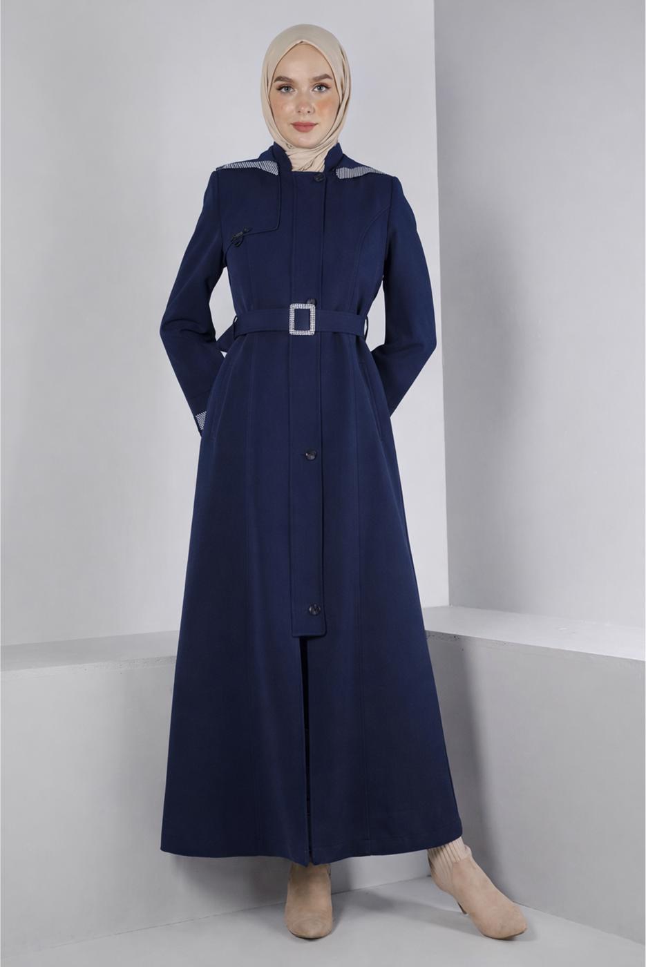 Tesettür giyim LACİVERT ALVİNA KEMERLİ PARDESÜ T 10673