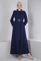 Tesettür giyim LACİVERT ALVİNA KEMERLİ PARDESÜ T 10673