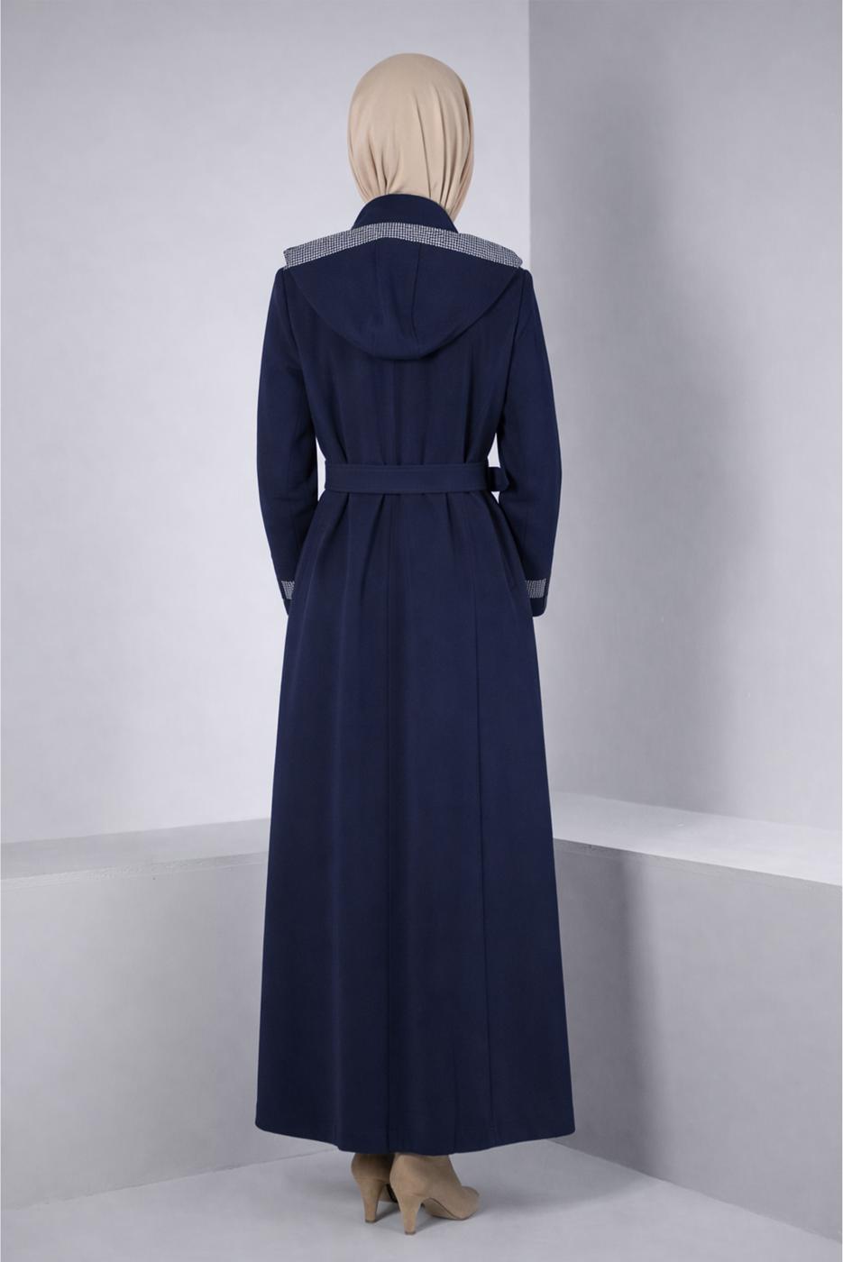 Tesettür giyim LACİVERT ALVİNA KEMERLİ PARDESÜ T 10673