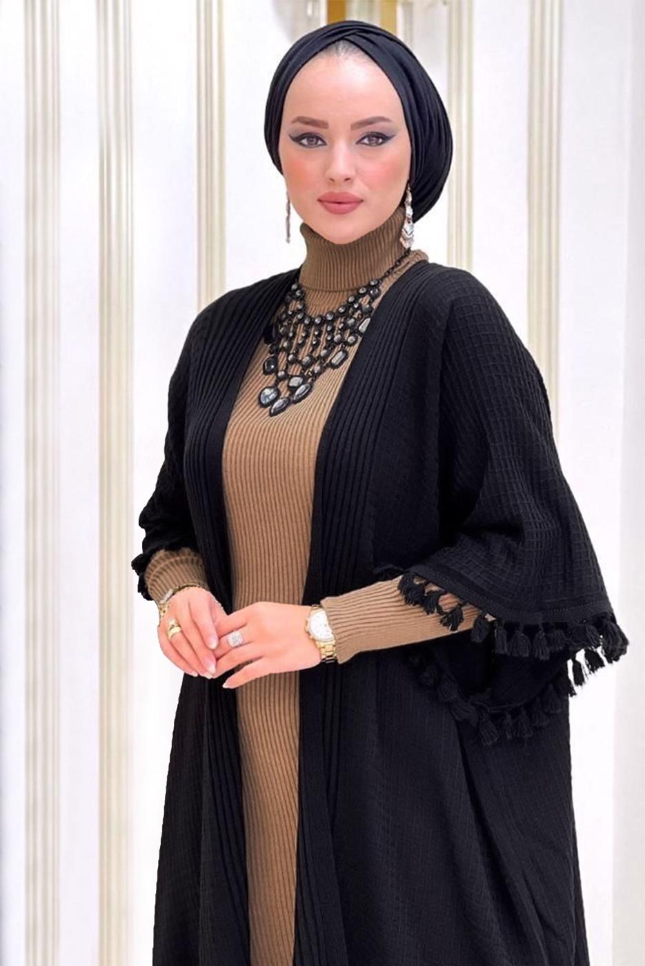 Hijab clothing BLACK FRILLED DRESS SUIT WITH PONCHO 1502