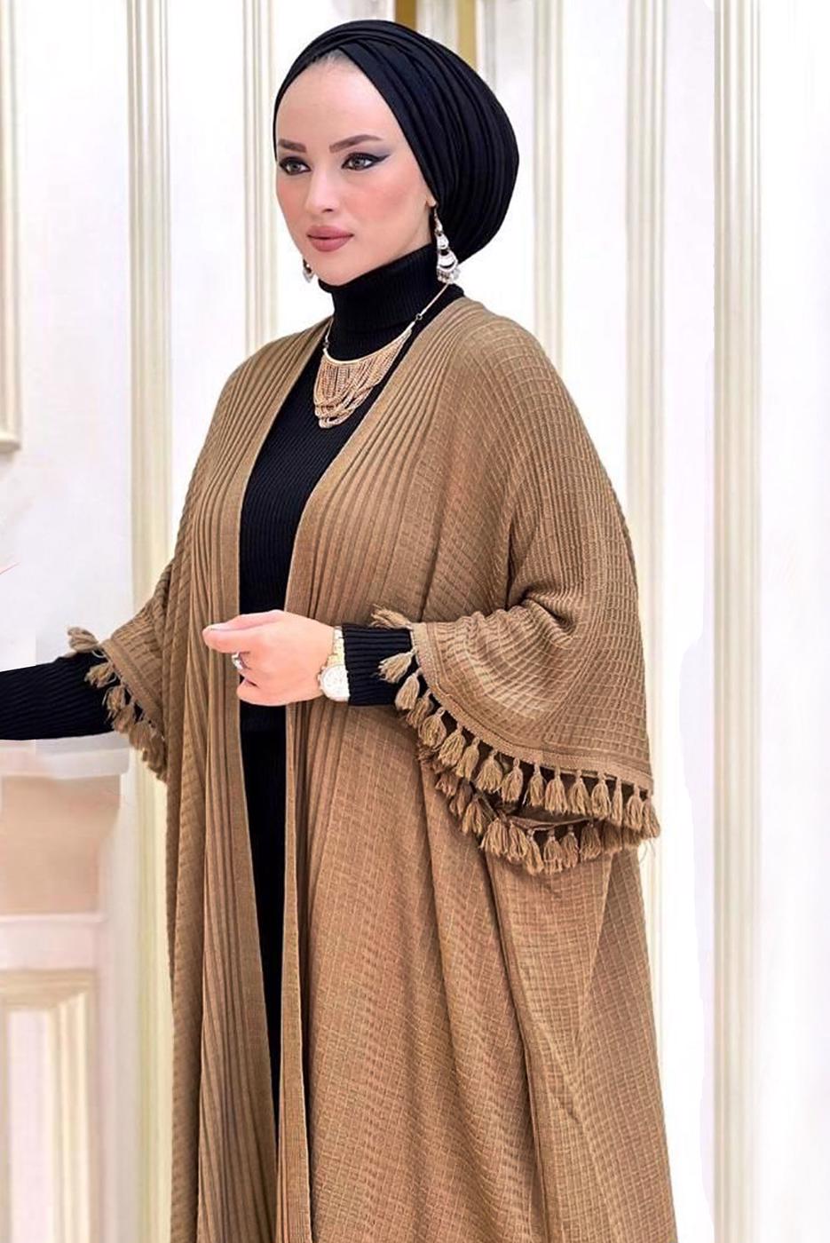 Tesettür giyim KAHVE PÜSKÜLLÜ PANÇOLU ELBİSELİ TAKIM 1502