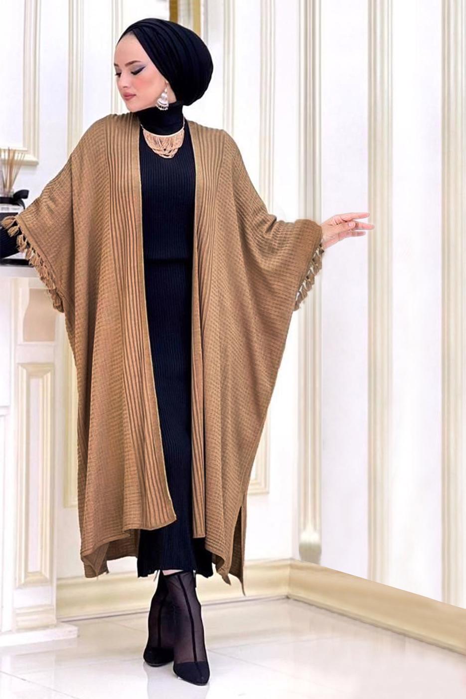 Tesettür giyim KAHVE PÜSKÜLLÜ PANÇOLU ELBİSELİ TAKIM 1502