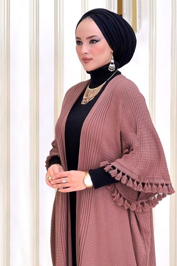 Tesettür giyim PUDRA PÜSKÜLLÜ PANÇOLU ELBİSELİ TAKIM 1502  - TRENDTESETTÜR