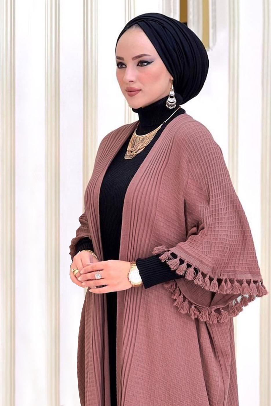 Tesettür giyim PUDRA PÜSKÜLLÜ PANÇOLU ELBİSELİ TAKIM 1502 
