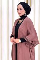 Tesettür giyim PUDRA PÜSKÜLLÜ PANÇOLU ELBİSELİ TAKIM 1502 