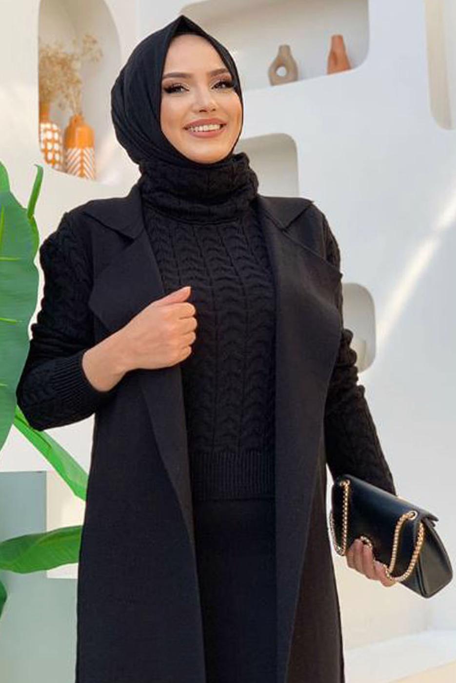 Tesettür giyim SİYAH ÖRGÜ DESENLİ ETEKLİ SÜVETERLİ ÜÇLÜ TRİKO TAKIM 01391 