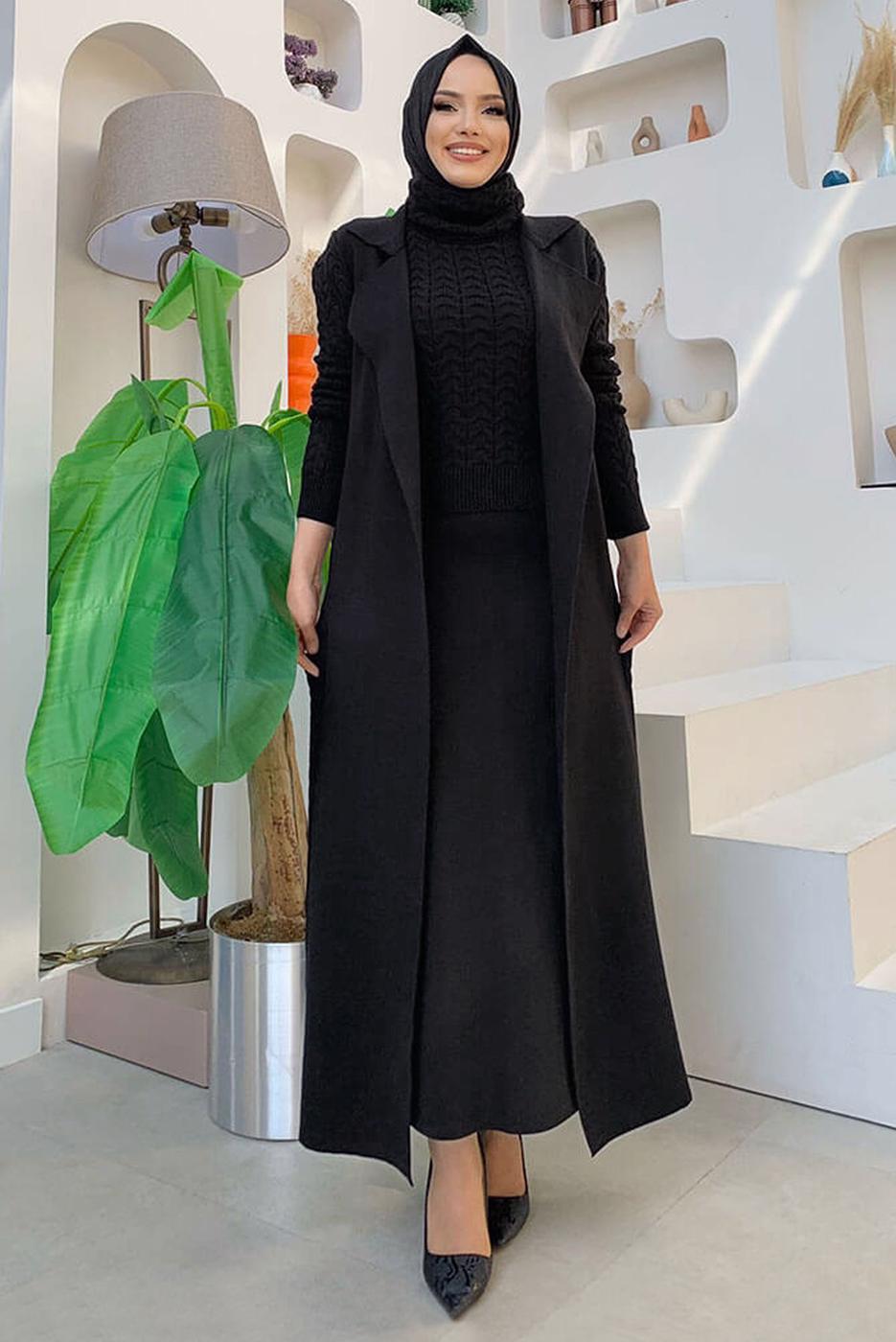 Tesettür giyim SİYAH ÖRGÜ DESENLİ ETEKLİ SÜVETERLİ ÜÇLÜ TRİKO TAKIM 01391 