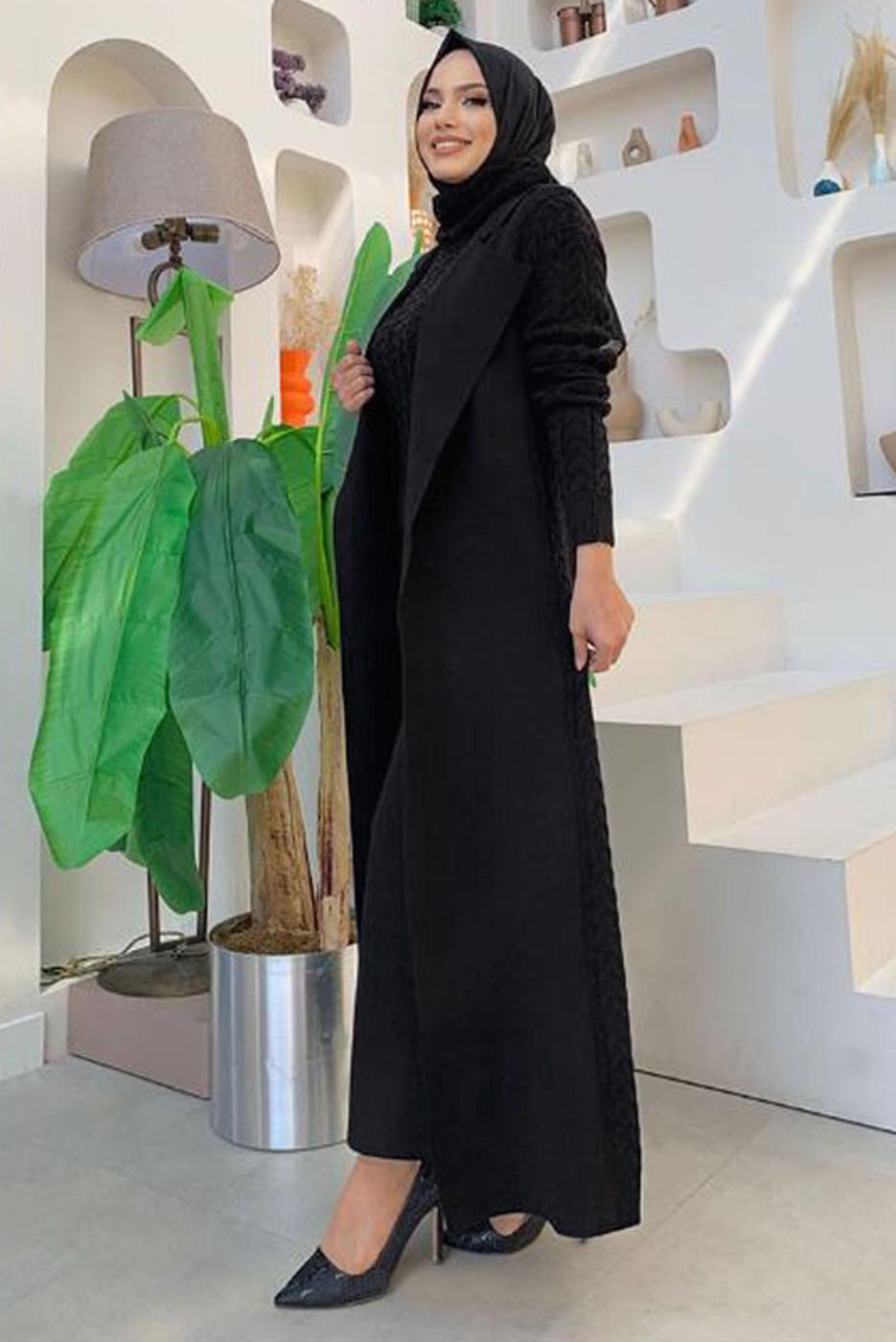 Tesettür giyim SİYAH ÖRGÜ DESENLİ ETEKLİ SÜVETERLİ ÜÇLÜ TRİKO TAKIM 01391 