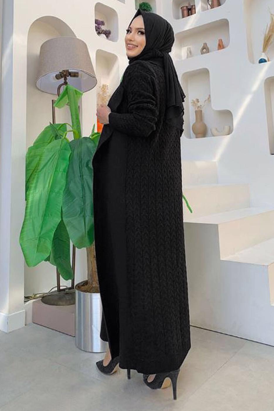 Tesettür giyim SİYAH ÖRGÜ DESENLİ ETEKLİ SÜVETERLİ ÜÇLÜ TRİKO TAKIM 01391 