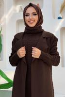 Tesettür giyim KAHVE ÖRGÜ DESENLİ ETEKLİ SÜVETERLİ ÜÇLÜ TRİKO TAKIM 01391 
