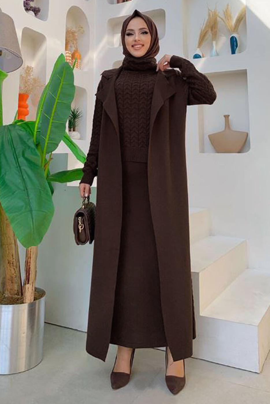 Tesettür giyim KAHVE ÖRGÜ DESENLİ ETEKLİ SÜVETERLİ ÜÇLÜ TRİKO TAKIM 01391 