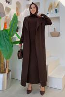 Tesettür giyim KAHVE ÖRGÜ DESENLİ ETEKLİ SÜVETERLİ ÜÇLÜ TRİKO TAKIM 01391 