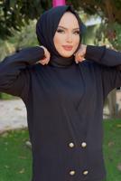 Tesettür giyim SİYAH DÜĞMELİ ÜÇLÜ ETEKLİ TRİKO TAKIM 30112	